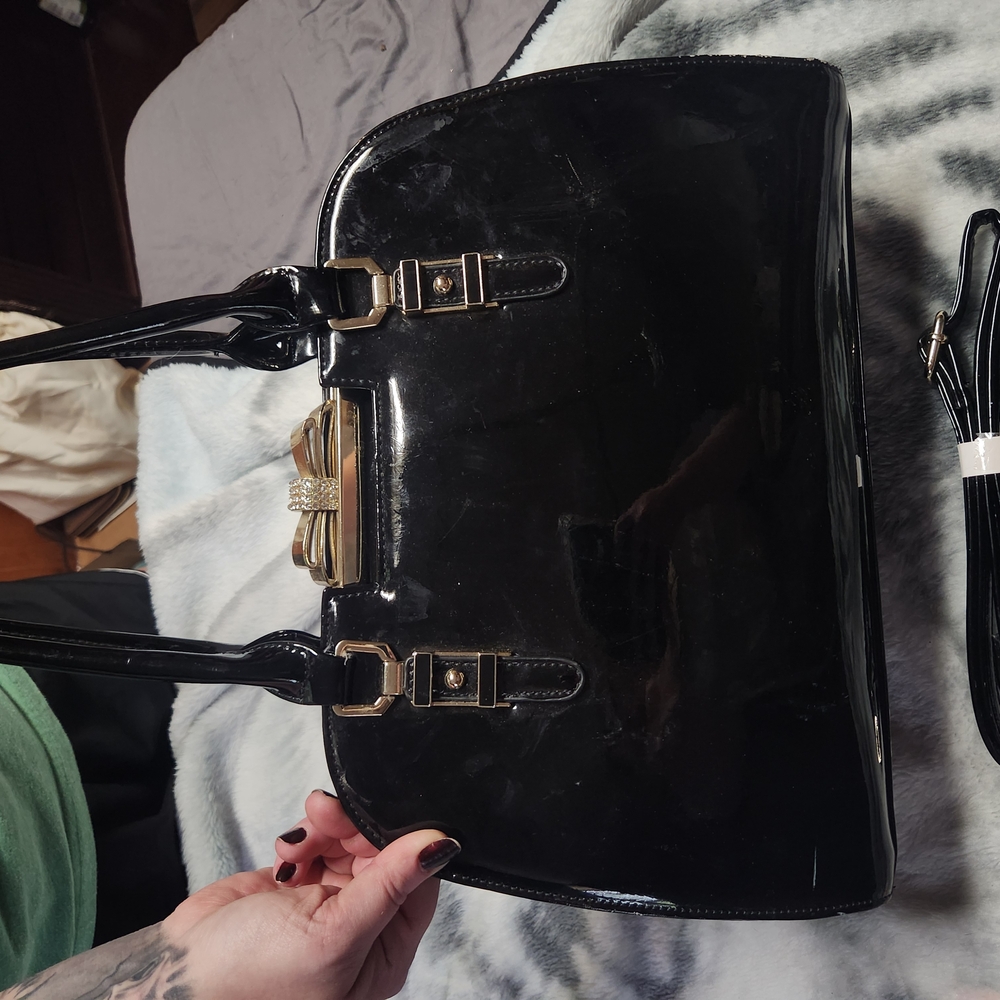 Chic Black Patent Leather Shoulder Bag with Gold Accents